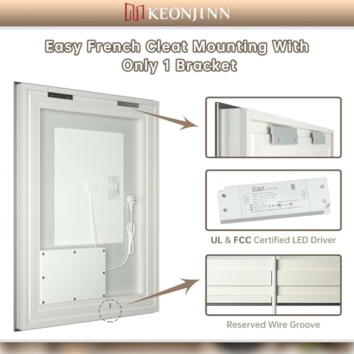 Keonjinn 48 x 36 Inch LED Bathroom Mirror with Lights, Frontlit and Backlit | HD Tempered Glass, Separately Frontlit/Backlit, Double Light Strips, Stepless 3 Colors Temperature & Dimmable, Fast Defogging - size: 36"L x 48"W