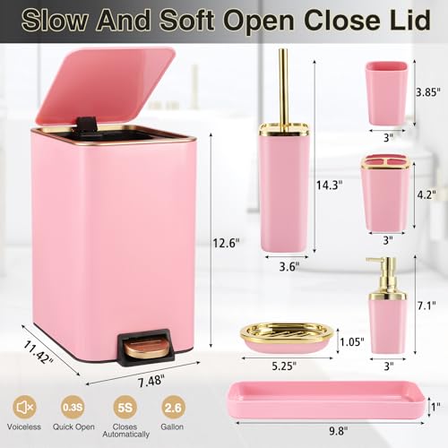 XLHOMO Pink Bathroom Accessories Set 8 Piece Pink and Gold Bathroom Set, Bathroom Sets with Stainless Steel Trash Can,Toilet Brush,Toothbrush Set,Soap Dispenser - size: Pink, style: Bath Set