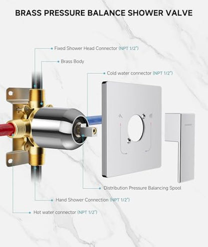 SR SUN RISE Shower Faucet Set & System - 10 Inch Rainfall Shower Head & Handle Set Wall Mounted Polished Chrome Solid Brass Valve Trim Kit Included - color: Polished Chrome, size: 10 Inch