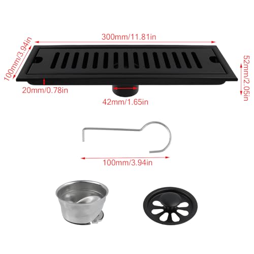 Dnyta 12 Inch Linear Shower Floor Drain for Bathroom (Black, Fence Style) | 304 Stainless Steel Rectangular Shower Drain with Drain Grate Removable & Hair Strainer, for Bathroom Kitchen Hotel or Toilet - style: Black Fence Style + Stainless Steel Strainer