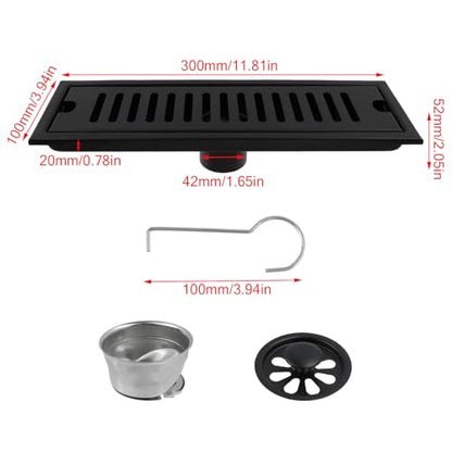 Dnyta 12 Inch Linear Shower Floor Drain for Bathroom (Black, Fence Style) | 304 Stainless Steel Rectangular Shower Drain with Drain Grate Removable & Hair Strainer, for Bathroom Kitchen Hotel or Toilet - style: Black Fence Style + Stainless Steel Strainer