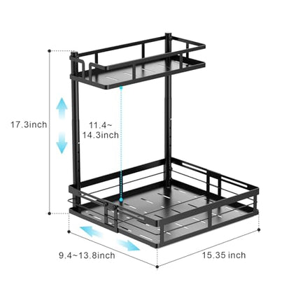 Under Kitchen Sink Organizer - L-Shaped Pull Out Shelf, 2 Pack | L-Shaped Fit Around Garbage Disposal, Adjustable Shelves, Pull Out Access, For 30-36 Inch Sink Cabinet, 2 Pack Black