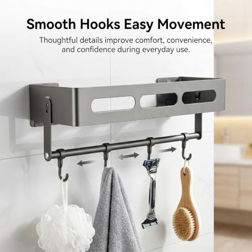 Carbon Steel Shower Caddy and Gray Shower Shelf Storage Rack | Adhesive Stick-On No-Drilling with Towel Bar&Hooks, Removable, Inside Shower, also works as Shower Organizer, Bathroom Shelf