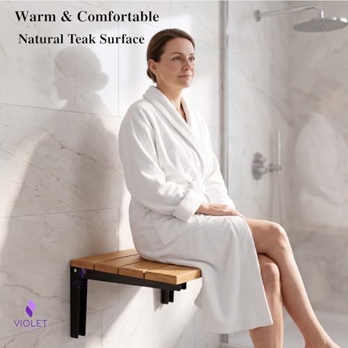 Folding Natural Color Solid Teak Wood Shower Seat, Foldable Shower Bench, Wall Mounted Folding Wooden Shower Stool, Inside Shower Handmade Fold Down Bath Seat