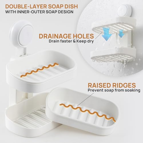 Soap Holder, Soap Dish for Shower, Suction Cup Bar Soap Holder | 2 Layer Soap Bar Holder for Shower, Wall Mounted Self Draining, NO Drill Sponge Holder for Bathroom, Bathtub Kitchen Sink - style: 2 tiers White