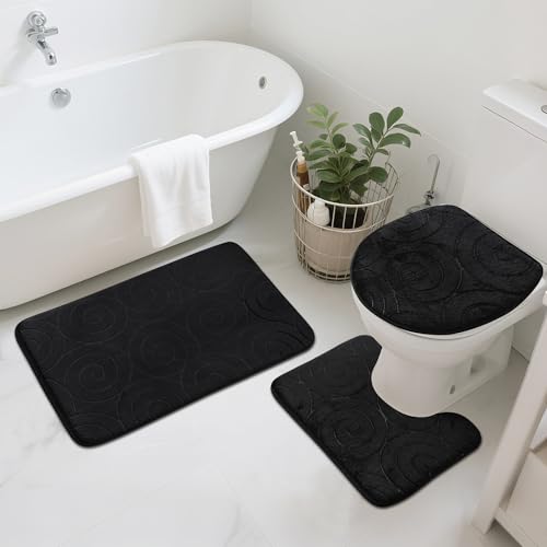 Bathroom Rug Sets 3 Piece, Memory Foam Non Slip Bathroom Rug, Toilet Rugs U Shaped Washable, Soft Absorbent Bath Mats for Bedroom, Kitchen, Black