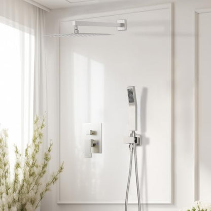 STARBATH Shower Faucet Set Shower System with Diverter Valve Brushed Nickel | 10" Wall Mount Rain Shower Head and Handheld Spray for Two Person,Shower System with Diverter Valve and Trim Kit Complete - color: Brushed Nickel, size: 10"-01