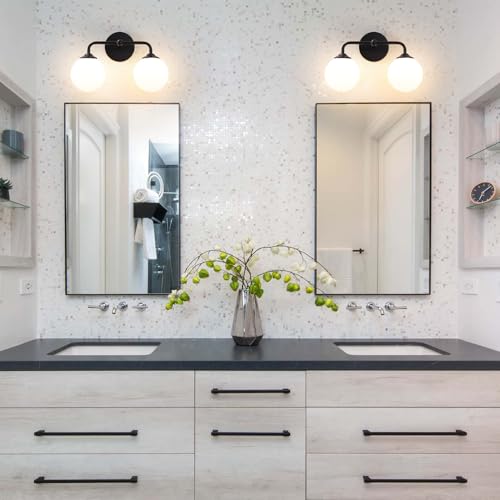 Industrial Matte Black 2-Lights Bathroom Light Fixtures, Vanity Wall Sconce Lighting with Milky White Glass Shade, Modern Bathroom Vanity Lighting, Wall Sconces over Mirror Dressing Table Bedroom - color: Black, size: 2 light