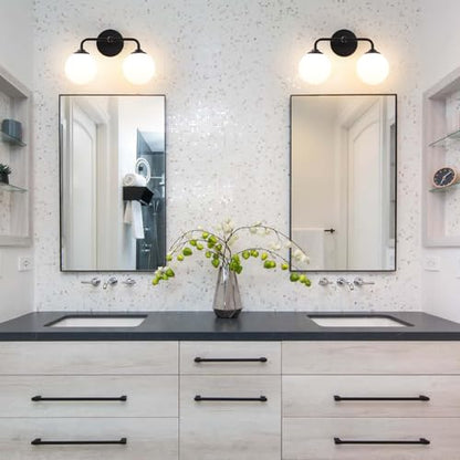 Industrial Matte Black 2-Lights Bathroom Light Fixtures, Vanity Wall Sconce Lighting with Milky White Glass Shade, Modern Bathroom Vanity Lighting, Wall Sconces over Mirror Dressing Table Bedroom - color: Black, size: 2 light