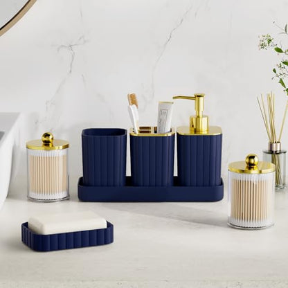 XLHOMO Bathroom Accessory Set - Gorgeous Bathroom Set, 7PC Blue Bathroom Set, Soap Dispenser, Toothbrush Holder, Qtip Holder Set, Bathroom Sets Complete, Bathroom Sink Set for Home Decor - style: Navy Blue&Gold