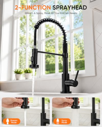 Kitchen Faucet with Pull Down Sprayer Matte Black | 1 Handle Spring Sink Faucets, Lead-Free NSF Certified Stainless Steel,1 or 3-Hole Deck Plate,Farmhouse, RV, Bar, Laundry Room - color: B - Black