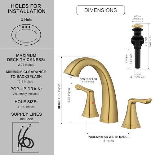 Bathroom Faucets for Sink 3 Hole Brushed Gold 2 Handle Widespread | Bathroom Vanity Faucet with Pop Up Drain & Supply Lines, Lead-Free cUPC & NSF Certified, 8 Inch Faucet for Vanity RV Sink - color: Brushed Gold