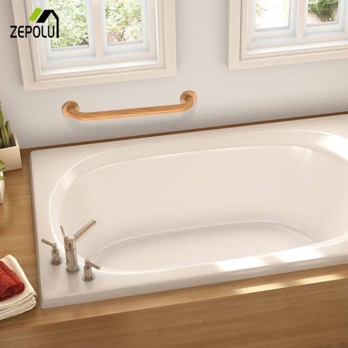 Wood Grain Shower Grab Bar 16 Inch, Grab Bar for Bathtub and Shower | Stainless Steel, Wall Mount wooden grab bar, Bathroom Handrail, Balanced Support Assist Handle for Elderly Senior Handicap