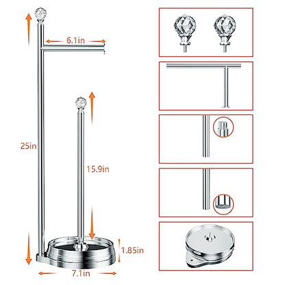 KASUNTO Toilet Paper Holder for Bathroom, Heavy Weighted Metal Free Standing Toilet Paper Holder Stand with Crystal Ball, Toilet Paper Roll Stand for Bathroom Accessories - color: E- Polished Chrome