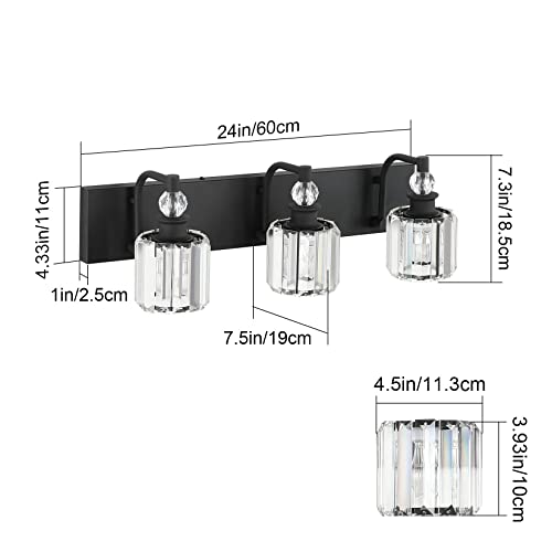 Ralbay Black Crystal Bathroom Lights Fixtures 3 Light Crystal Bathroom Vanity Lights Fixtures Over Mirror Modern Matte Black Bath Wall Lights - color: Black, size: 24 inch