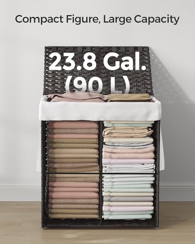 SONGMICS Laundry Hamper with Lid, 23.8 Gallon (90 L) Synthetic Rattan Clothes Laundry Basket with Lid and Handles, Foldable, Removable Liner, Black ULCB51BK - color: Black, size: 90 L