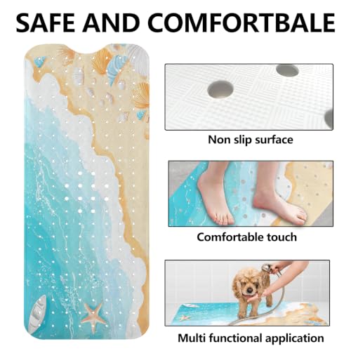 LNOND Summer Beach Bathtub Mat Non Slip, 40 X 16 Inch Tub Mat for Bathroom, Cute Sand Beach Bath Tub Shower Mat with Drain Holes and Suction Cups - color: Cute Sand Beach Bathtub Mat