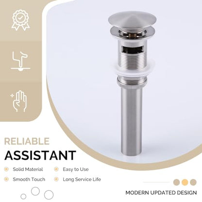 Angle Simple Bathroom Sink Stopper, Brass Pop Up Sink Drain, Brushed Nickel | Only for Sink with Overflow Hole, Fit Drain Hole with 1.61 to 2 Inches Diameter, Fast Drainage - color: Brushed Nickel