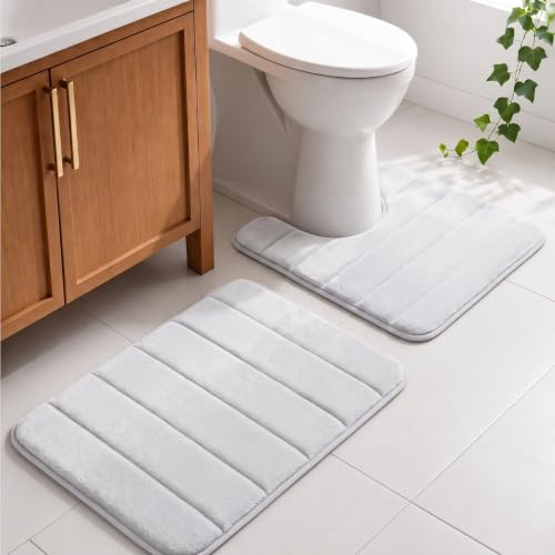 U-Shaped Toilet Bath Mat Set 2 Piece - Super Soft Absorbent Quick Dry Memory Foam Bathroom Rugs, Machine Washable Non Slip Floor Carpet for Tub Shower & Single Sink 16x24 & 20x20,(White) - color: White