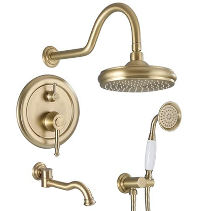 Rainfall Shower System with Handheld Sprayer,Brushed Gold Antique Shower Faucet Sets,Shower Fixture Combo with Brass Pressure Balance Valve,Complete Shower System Kit with Foldable Tub Spout - color: Brushed Gold