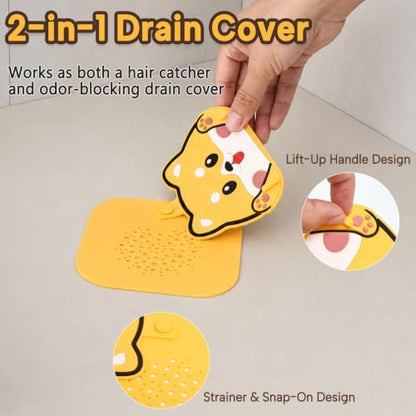 2Pack Square Shower Drain Hair Catcher for Bathtub and Shower | Khaki thick silicone, cartoon animal design, reusable hair stopper for floor drains, kitchen laundry room utility use - color: Yellow