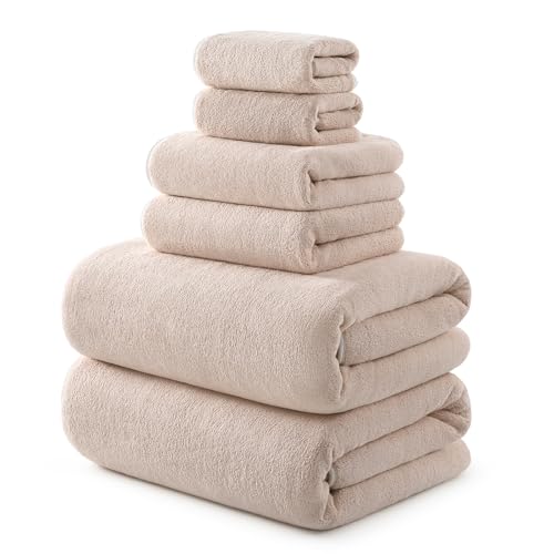 REDKISS Pack of 6 Towel Set - 2 Extra Large Bath, 2 Hand, 2 Washcloths, Ultra Soft & Highly Absorbent, Quicker to Dry, Beige Towels for Bathroom, Spa, Hotel, Gym - color: Beige