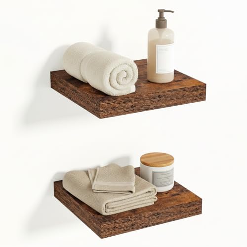Vivelove 12x12 Deep Floating Shelves, Rustic Brown, Set of 2 | Invisible Brackets, Easy Mount Shelf with Hardware Kit, for Bathroom Bedroom Living Room Kitchen, Engineered Wood - color: Rustic Brown, size: 12”wx12”dx1.5”h