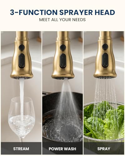 DAYONE Brushed Gold Kitchen Sink Faucet - Separate Handle 3 Holes，Gold Pull Down Faucet with Soap Dispenser，Sink Faucet for Kitchen, Single Handle High Arc - color: Brushed Gold, style: Separate handle