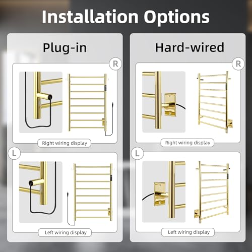 P&Dlusir EL13 Heated Towel Rack, Polished Gold, 8 Bar | Fast Heat in 2 Min, Smart Timer, Thermo Control, Memory Functoion, Stainless Steel, Hard-Wired/Plug-in - color: Polished Gold, size: 21.65"W x 31.54"H
