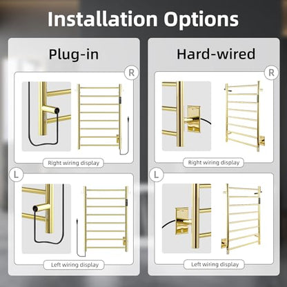 P&Dlusir EL13 Heated Towel Rack, Polished Gold, 8 Bar | Fast Heat in 2 Min, Smart Timer, Thermo Control, Memory Functoion, Stainless Steel, Hard-Wired/Plug-in - color: Polished Gold, size: 21.65"W x 31.54"H