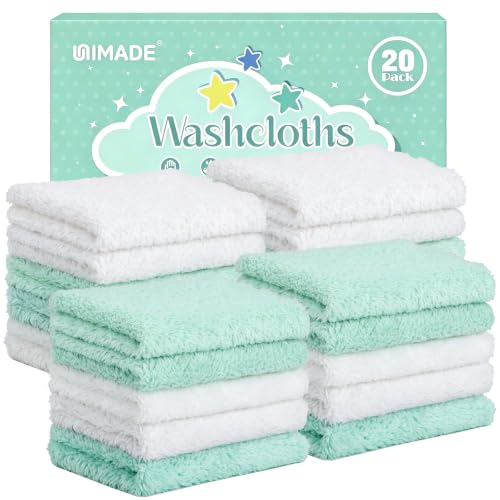 UNIMADE Baby Washcloths, Microfiber Coral Fleece Wash Cloths | 20 Pack Absorbent Baby Towels for Newborns, Infants and Toddlers, Gentle on Sensitive Skin for Face - 7" × 9", White&Green - color: White&green, size: 7" x 9"