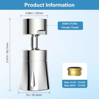 Faucet Aerator 4 Modes, 360° Swivel Faucet Sprayer Head Attachment, Chrome | NSF/ANSI/CAN 372 Certified, 55/64" Bathroom& Kitchen Sink Faucet Head, 2 Big-Angle Rotating Metal Joints, 15/16" Male Adapter - color: Chrome, style: 2 Swivel Joints