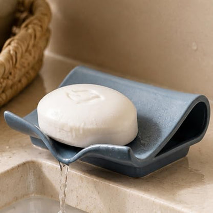Zoeeker Self-Draining Soap Dish, Ceramic Soap Holder with Drain Spout | Bar Soap Saver Waterfall Design Drying Tray for Shower Bathroom Kitchen Bathtub, Sink Organizer Tray, Extends Soap Life, Blue - color: Blue