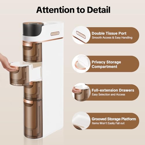 4 Tiers Slim Bathroom Storage Cabinet, 4 Drawer Narrow Slim Storage Cart, Mobile Storage Organizer with Tissue Box and Removable Dividers for Bathroom, Bedroom, Kitchen (White+Tawny)
