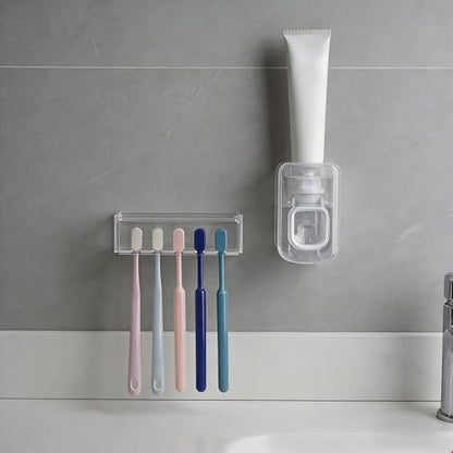 5 Slots Wall Mount Toothbrush Holder with Cover, Self Adhesive Tooth Brush Storage Organizer for Shower Bathrooms, Toothbrush Stand with Automatic Toothpaste Squeezer Dispenser - color: Clear Combination