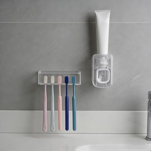 5 Slots Wall Mount Toothbrush Holder with Cover, Self Adhesive Tooth Brush Storage Organizer for Shower Bathrooms, Toothbrush Stand with Automatic Toothpaste Squeezer Dispenser - color: Clear Combination