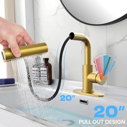 Gold Bathroom Faucet with Sprayer - Brushed Gold Bathroom Faucets for Sink 1 Hole or 3 Holes, 4 Mode Single Handle Vanity Faucet Waterfall Bathroom Faucet with Pull Down Sprayer (No Drain) - color: Gold