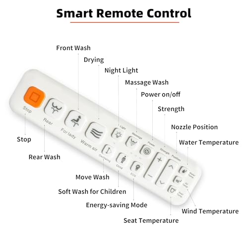 Electric Smart Bidet Toilet Seat, Heated Warm Water Wash, Remote | Multiple Cleaning Modes, Self-Cleaning Nozzle, Soft-Closing Lid, LED Night Light. Easy to Install. Fits Most Standard Toilets