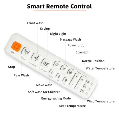Electric Smart Bidet Toilet Seat, Heated Warm Water Wash, Remote | Multiple Cleaning Modes, Self-Cleaning Nozzle, Soft-Closing Lid, LED Night Light. Easy to Install. Fits Most Standard Toilets
