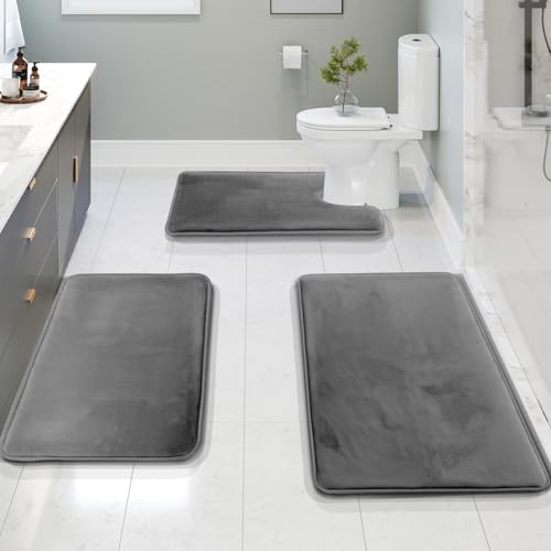 Clara Clark 3 Piece Bathroom Rugs, Velvet Memory Foam Bath Mat Set, Non-Slip Bath Rugs, Machine Wash, Dries Quickly, Ultra Soft Plush Bath Mats for Bathroom, 17 x 24/20 x 32 / Contour, Grey - color: Grey