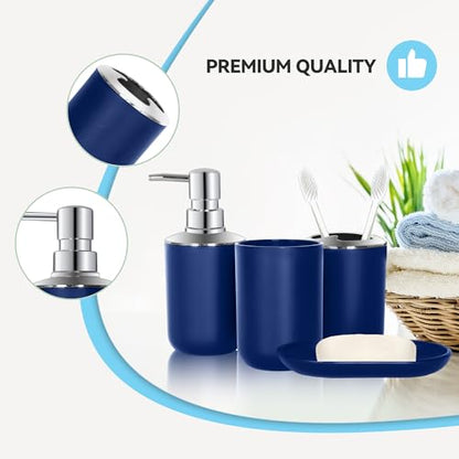 Blue Bathroom Accessories Set 4 PCS, Blue Bathroom Accessories | Plastic Soap Dispenser and Toothbrush Holder Set, Soap Dish and Mouthwash Cup, Boho Bathroom Decor, Bathroom Set - size: 4Pcs Blue