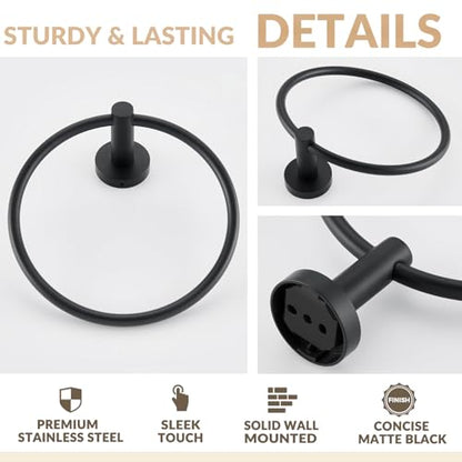 Matte Black Towel Ring Wall Mounted, Hand Towel Holder for Bathroom, Solid Stainless Steel Round Wall Hanger - color: Matte Black, size: Standard Size