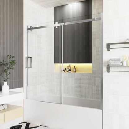 Frameless Bathtub Sliding Shower Door, 5/16" (8mm) Clear Tempered Glass, 56-60" W x 58" H, Quiet Soft-Close, Reversible Installation, SGCC Certified (Chrome-Bathtub Style A, 60" W x 58" H) - color: Chrome-Bathtub A-60" W x 58" H
