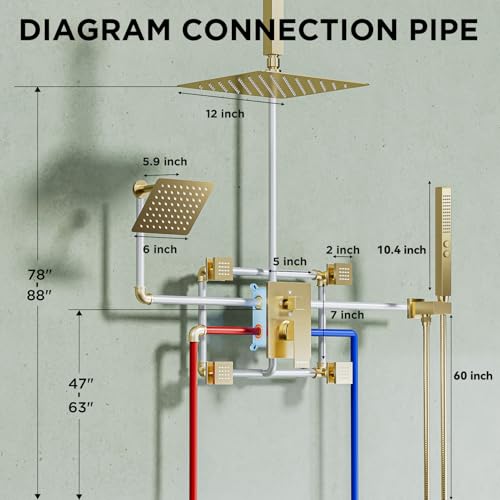 Shower System with 4 Body Spray Jets, STARBATH 4 Way 12 + 6"Rainfall Shower Head with Handheld Combo, Ceiling Mounted Shower Jets System in Wall Shower Faucet Set, Brushed Gold - color: Gold, size: 6"+12"-03