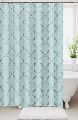Serafina Home Geometric Aqua Fabric Shower Curtain, Blue Grey Damask Moroccan Design, 70x72 Inch, with 12 Rollerball Hooks - color: Portman Geo