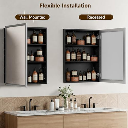 14"x24"Silver Medicine Cabinets for Bathroom with Mirror, Aluminum Alloy Framed Mirror, Recessed(12.85"x22.85")or Surface Wall-Mounted(14"x24") Metal Bathroom Vanity Mirror with Storage Cabinet