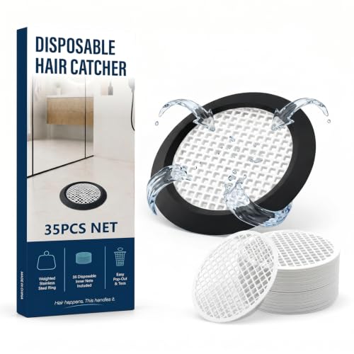 35 Pack Disposable Shower Drain Hair Catcher with Weighted Silicone Ring | Adhesive-free 3.84 in mesh nets for flat shower, tub and floor drains, designed to help hold the cover securely in place.