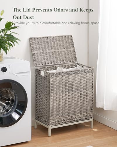 SETVSON Laundry Hamper with Lid, 112 L Handwoven PE Rattan Wicker, Gray | 2-Section Large Basket, 2 Removable Liner Bags, Heightened Metal Feet, 6 Mesh Laundry Bags, Foldable Side Handles - color: Gray, size: 112 L - 29.6 gal
