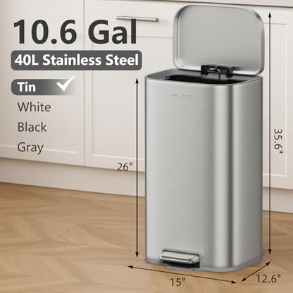 mVm 10.6 Gal Kitchen Trash Can, Step Trash Can with Lid, Smooth Edge Garbage Bin for Home Office (Tin) - color: Tin, size: 10.6Gal
