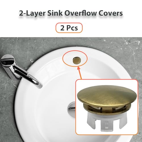 2 Pcs Sink Overflow Covers,2-Layer Sink Copper Over Flow Rings,Bathroom Basin Insert in Hole Round Caps Replacement Dual Layer Overflow Cover Rings for Sink,Bathroom,Kitchen(Gold) - color: Gold